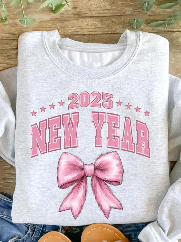 Letter & Bow Print Crew Neck Thermal Lined Casual Long Sleeve Daily Clothes Winter T-Shirts, Hoodie, Sweatshirt