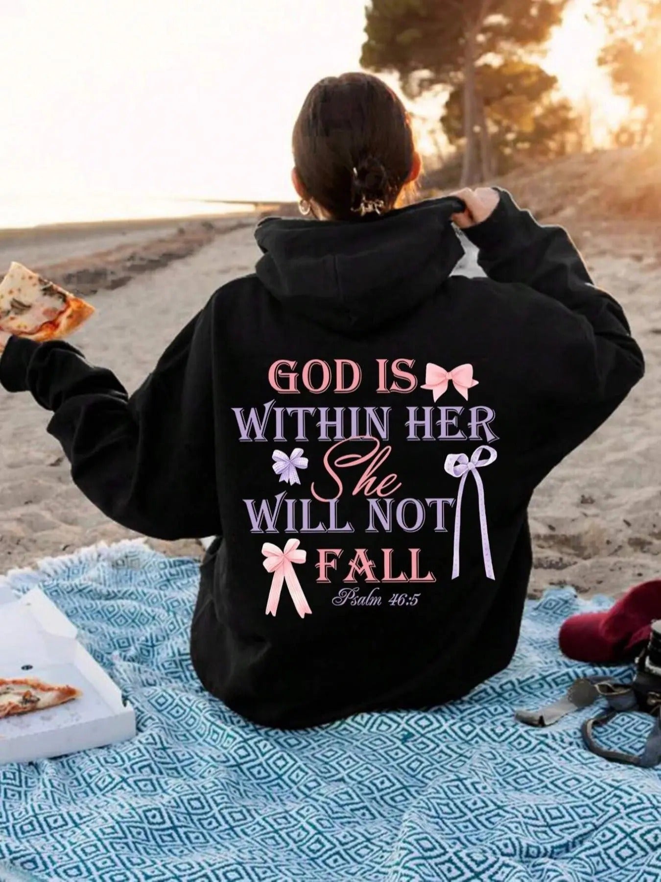 Women's Letter & Bow Print Drop Shoulder Hoodie, Fashion Casual Drawstring Pocket Hooded Sweatshirt for Daily Holiday...