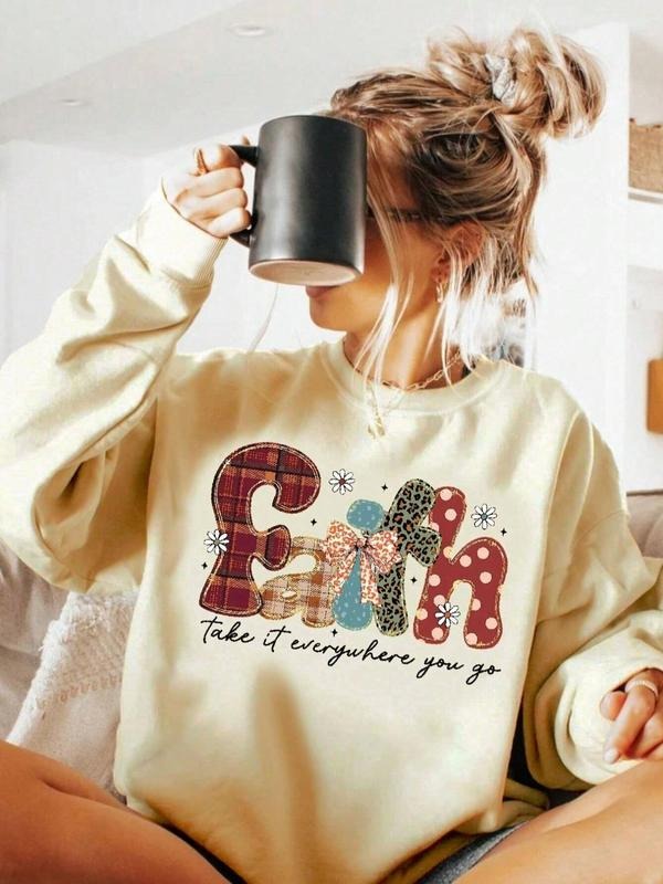 Letter & Bow Print Drop Shoulder Casual Long Sleeve Round Neck Fall & Winter Clothes Daily T-Shirts, Hoodie, Sweatshirt