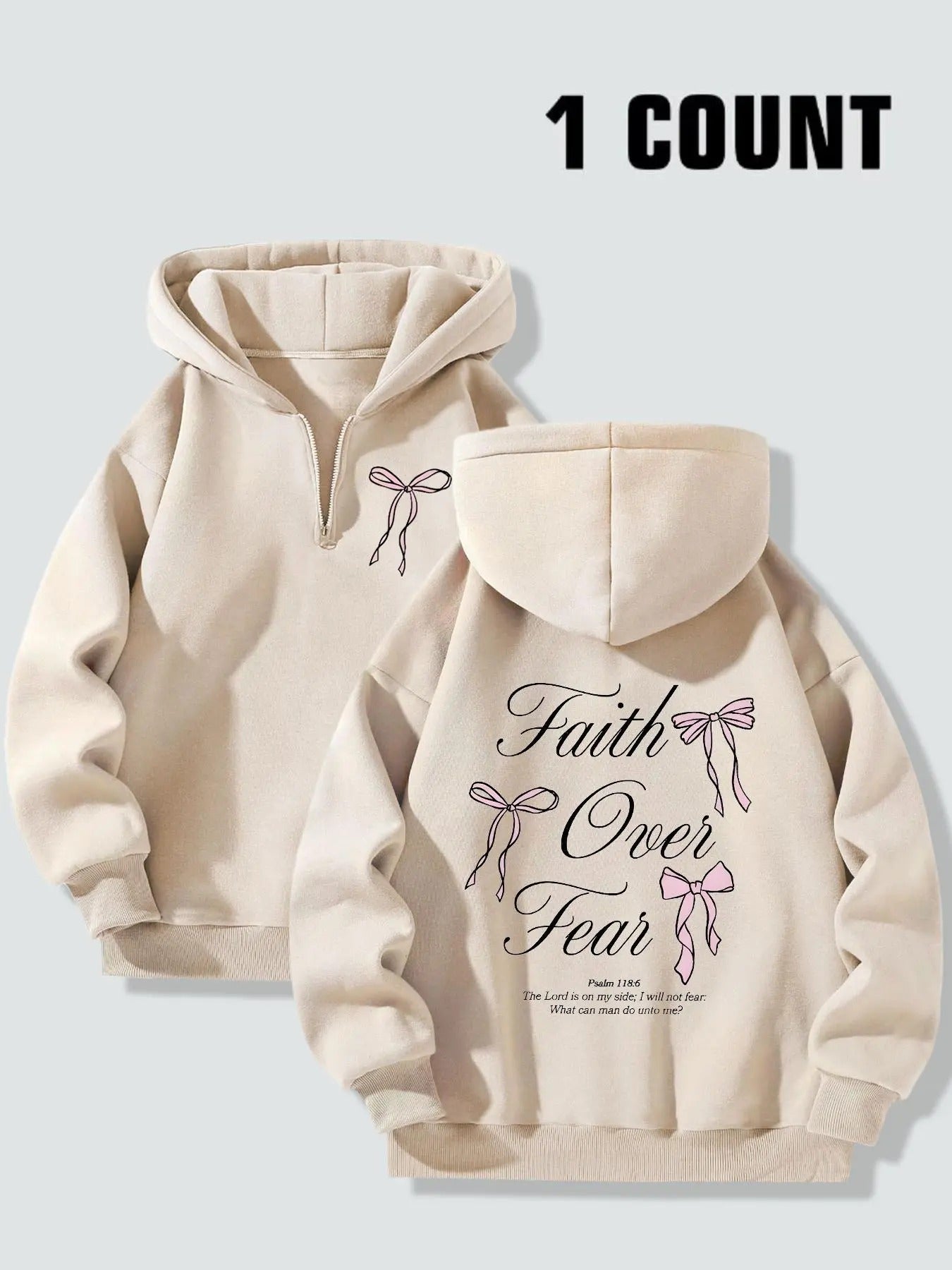 Letter & Bow Print Half Zip Up Casual Long Sleeve Hooded Daily Clothes Fall & Winter T-Shirts, Hoodie, Sweatshirt