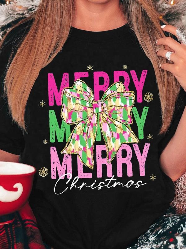 Women's Letter & Bow Print Round Neck Graphic Tee, Vintage Trendy Casual Short Sleeve T-shirt for Daily Wear, Ladies All...