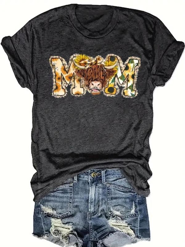 Women's Letter & Bull Head Print Round Neck Tee, Casual Short Sleeve Crew Neck T-shirt for Daily Wear, Ladies Clothes for...
