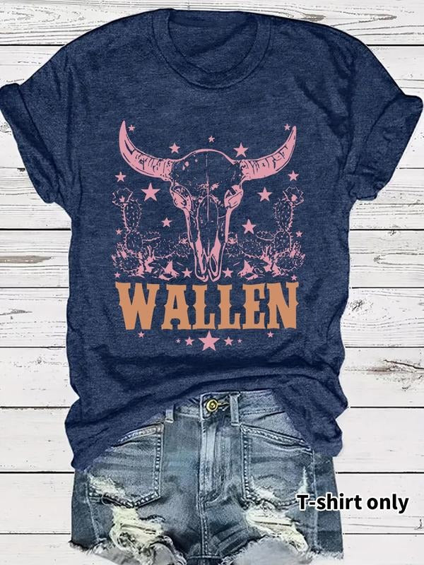 Women's Letter & Bull Head Print Round Neck Tee, Casual Short Sleeve Crew Neck T-shirt for Summer, Fashion Women's Top for Daily Wear, Western Bull Head Pattern Tops