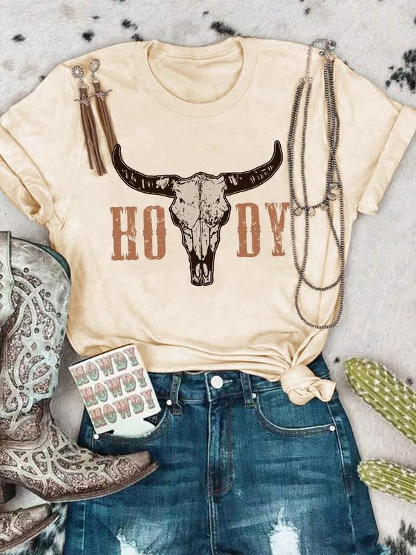 Women's Letter & Bull Head Print Round Neck Tee, Vintage Trendy Casual Short Sleeve T-shirt for Daily Wear, Ladies Summer...