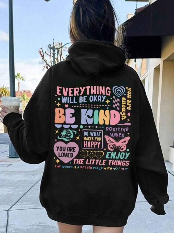 Letter & Butterfly Print Drop Shoulder Casual Drawstring Pocket Hooded Daily Outdoor Fall & Winter T-Shirts, Hoodie, Sweatshirt