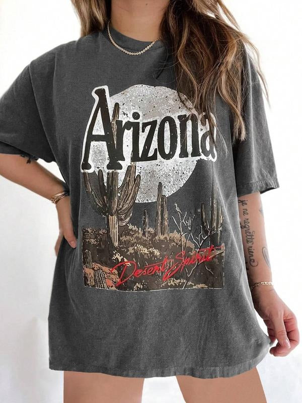 Letter & Cactus Print Round Neck Casual Short Sleeve Daily All Seasons T-Shirts, Hoodie, Sweatshirt