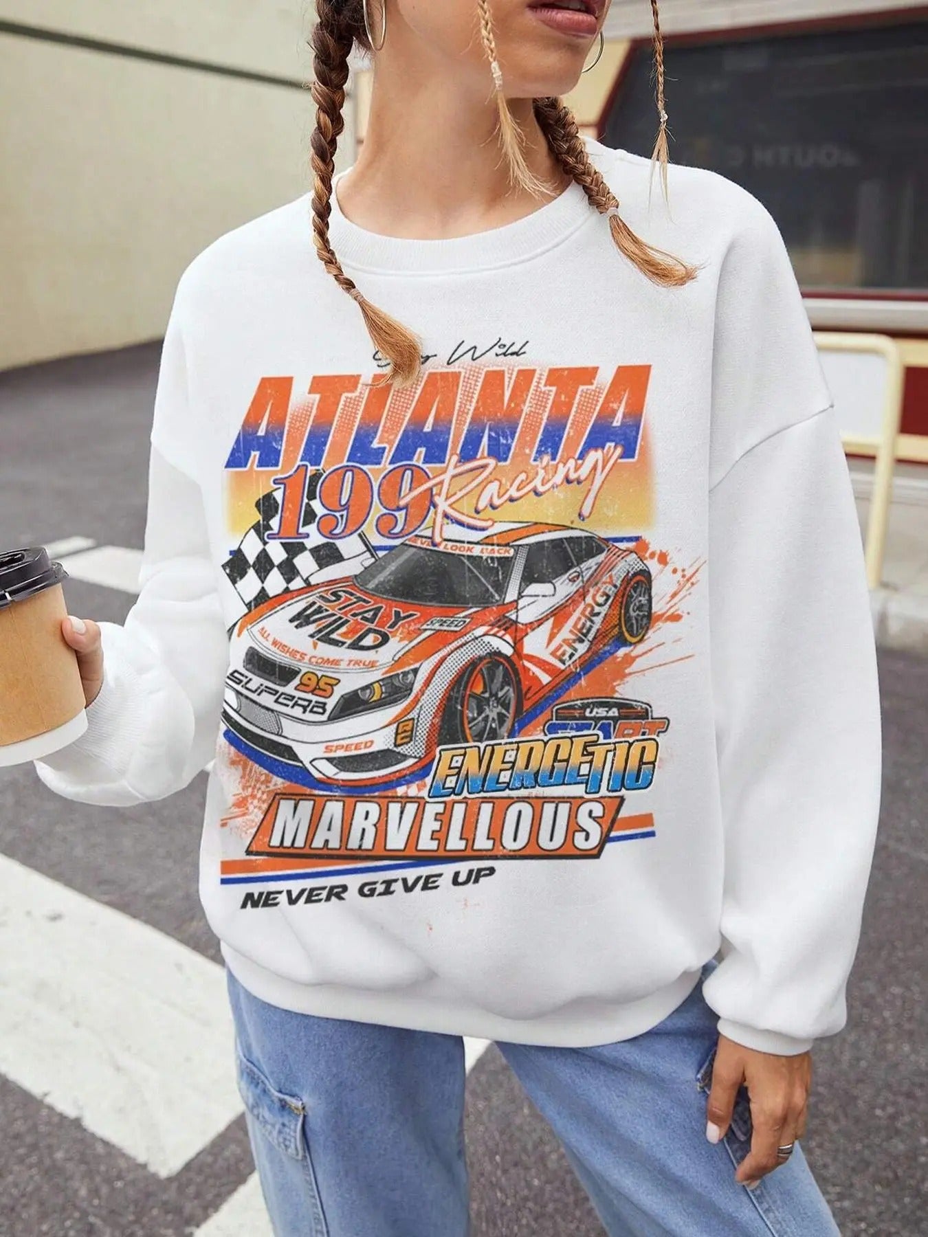 Women's Letter & Car Print Crew Neck Sweatshirt, Casual Long Sleeve Pullover for Fall & Winter, Women's Clothes for Daily...