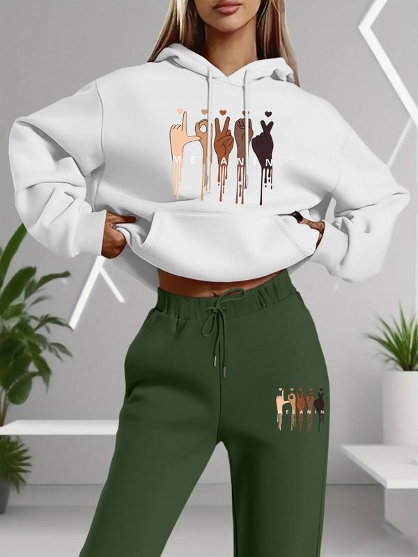 Women's Letter & Cartoon Print Hooded Sweatshirt Set, Long Sleeve Fitted Casual, Spring Fall Fashion Clothing Shirt Hoodie