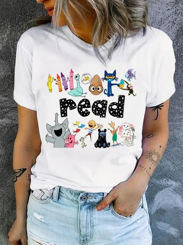 Women's Letter & Cartoon Print Round Neck Tee, Casual Short Sleeve Crew Neck T-shirt for Daily Wear, Ladies Clothes for...