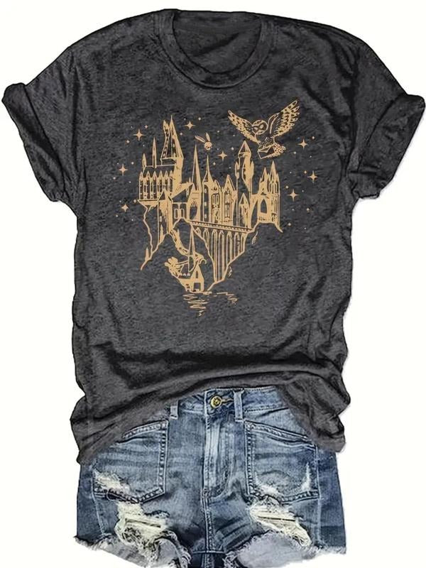Women's Letter & Castle Print Round Neck Tee, Casual Short Sleeve Crew Neck T-shirt for Daily Wear, Ladies Clothes for...