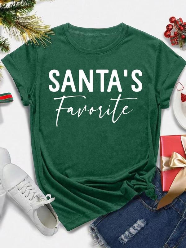 Women's Letter & Christmas Print Round Neck Tee, Casual Short Sleeve Crew Neck T-shirt for All Seasons, Fashion Women's...