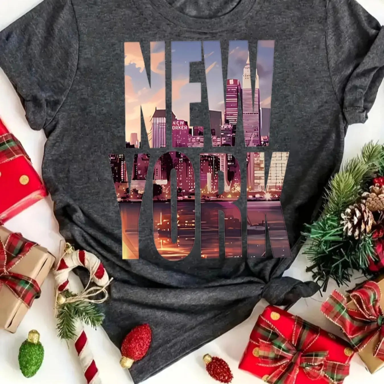 Women's Letter & City Print Round Neck Tee, Casual Short Sleeve Crew Neck T-shirt for Christmas, Women's Top for Daily...