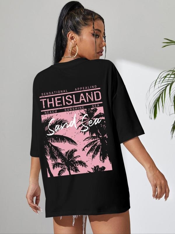 Letter & Coconut Tree Print Round Neck Casual Drop Shoulder Half Sleeve Daily All Seasons T-Shirts, Hoodie, Sweatshirt