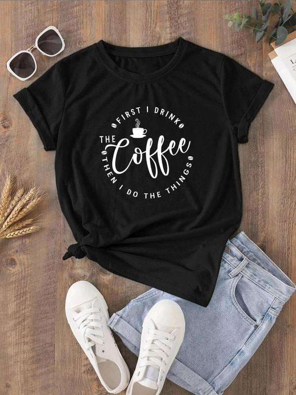 Letter & Coffee Print Round Neck Casual Short Sleeve Daily All Seasons T-Shirts, Hoodie, Sweatshirt
