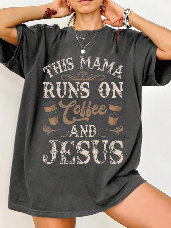 Letter & Coffee Print Round Neck Casual Crew Neck Short Sleeve Daily All Seasons Top T-Shirts, Hoodie, Sweatshirt
