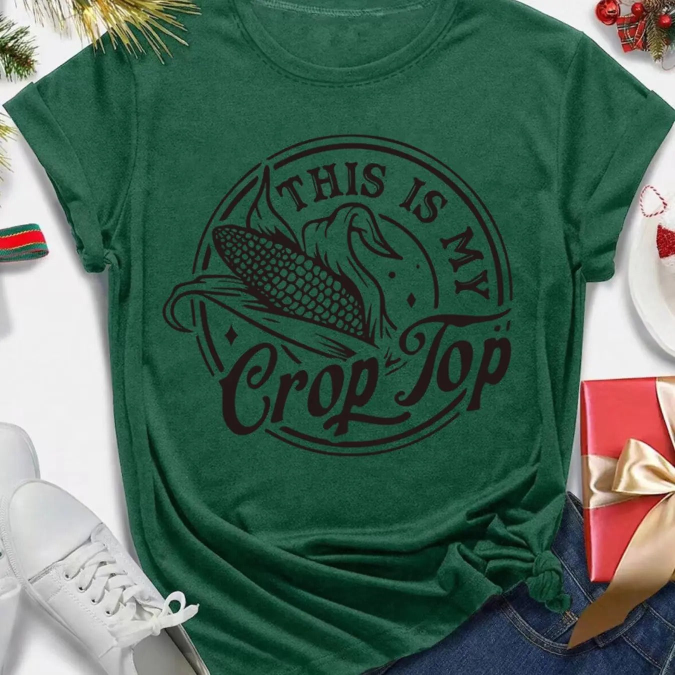 Women's Letter & Corn Print Round Neck Tee, Casual Short Sleeve Crew Neck T-shirt for All Seasons, Fashion Women's Top...