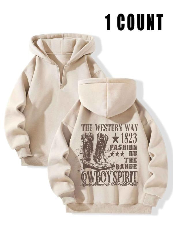 Women's Letter & Cowboy Print Drop Shoulder Hoodie, Fashion Casual Zipper Hooded Sweatshirt for Daily Holiday Outdoor...