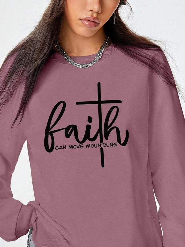 Women's Letter & Cross Print Round Neck Pullover, Fashion Casual Crew Neck Sweatshirt for Daily Holiday Outdoor Wear,...