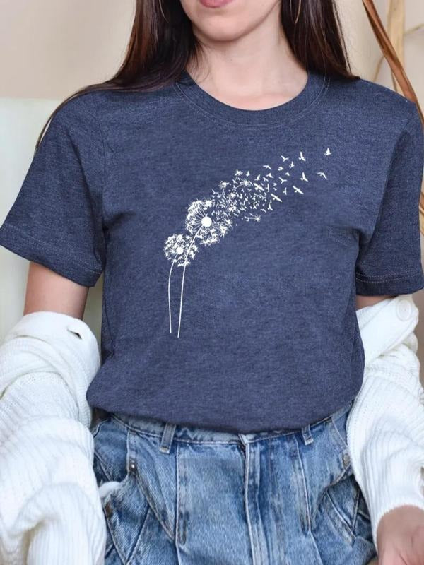 Women's Letter & Dandelion Print Round Neck Tee, Casual Crew Neck Short Sleeve T-Shirt for Daily Wear, Ladies Clothes for...
