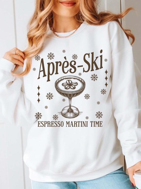 Women's Letter & Drink Print Crew Neck Sweatshirt, Casual Long Sleeve Pullover for Spring & Fall, Women's Top for Daily...