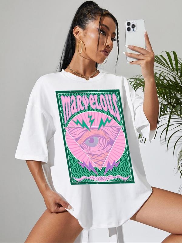 Letter & Eye Print Round Neck Vintage Casual Drop Shoulder Short Sleeve Daily All Seasons T-Shirts, Hoodie, Sweatshirt