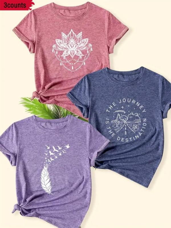 Women's Letter & Feather Print Round Neck Tee, Casual Short Sleeve Crew Neck T-shirt for Summer, Ladies Clothes for Daily...
