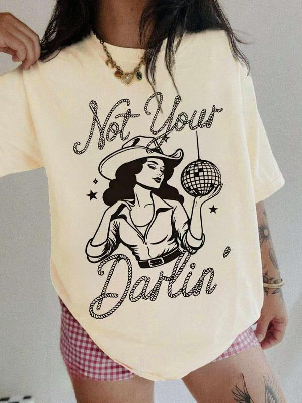 Letter & Figure Print Round Neck Casual Half Sleeve Crew Neck Summer Top Daily T-Shirts, Hoodie, Sweatshirt