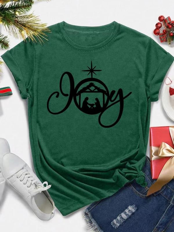 Women's Letter & Figure Print Round Neck Tee, Casual Short Sleeve Crew Neck T-shirt for All Seasons, Fashion Women's Top...