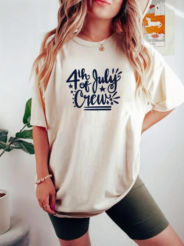 Women's Letter & Fireworks Print Round Neck Tee, Casual Short Sleeve Crew Neck T-shirt for Daily Wear, Ladies Clothes for...