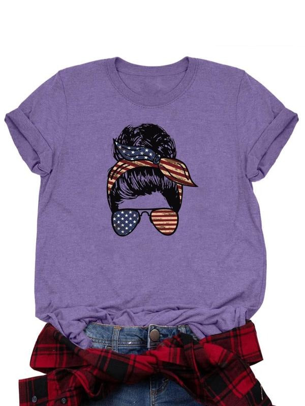 Women's Letter & Flag Print Round Neck Graphic Tee, Casual Short Sleeve Crew Neck T-shirt for Daily Wear, Ladies Clothes...
