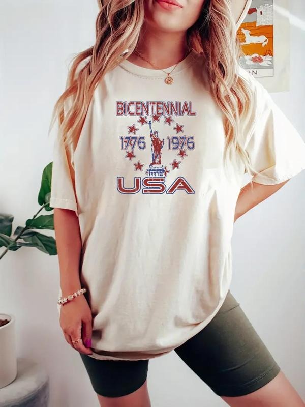 Women's Letter & Flag Print Round Neck Graphic Tee, Casual Short Sleeve T-Shirt for Daily Wear, Ladies Clothes for All...