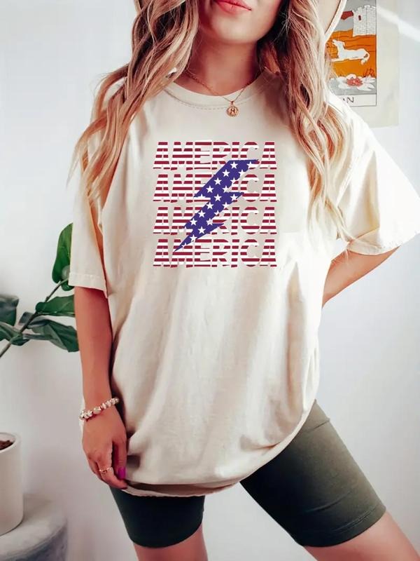 Women's Letter & Flag Print Round Neck Tee, Casual Short Sleeve Crew Neck T-shirt for Daily Wear, Ladies Clothes for All...