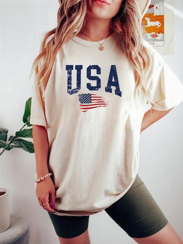 Women's Letter & Flag Print Round Neck Tee, Casual Short Sleeve Crew Neck T-shirt for Daily Wear, Ladies Clothes for All...