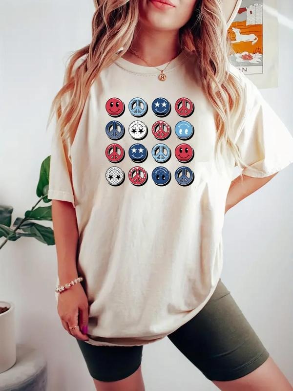 Women's Letter & Flag Print Round Neck Tee, Casual Short Sleeve Crew Neck T-shirt for Daily Wear, Ladies Clothes for All...