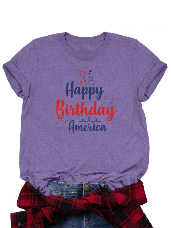 Women's Letter & Flag Print Round Neck Tee, Casual Short Sleeve Crew Neck T-shirt for Daily Wear, Ladies Clothes for All...