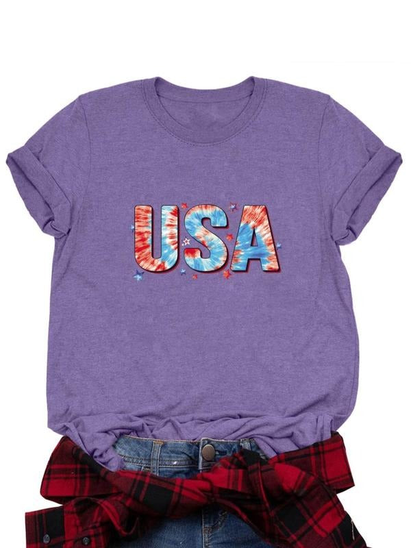 Women's Letter & Flag Print Round Neck Tee, Casual Short Sleeve Crew Neck T-shirt for Daily Wear, Ladies Clothes for All...