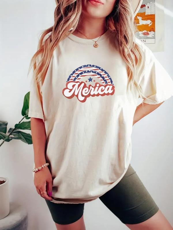 Women's Letter & Flag Print Round Neck Tee, Casual Short Sleeve Crew Neck T-shirt for Daily Wear, Ladies Clothes for All...