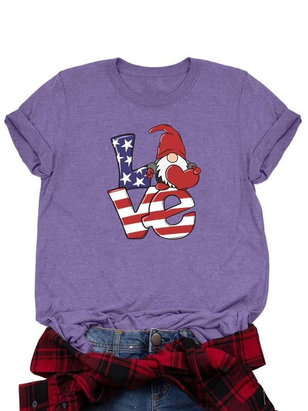 Women's Letter & Flag Print Round Neck Tee, Casual Short Sleeve Crew Neck T-shirt for Daily Wear, Ladies Clothes for All...