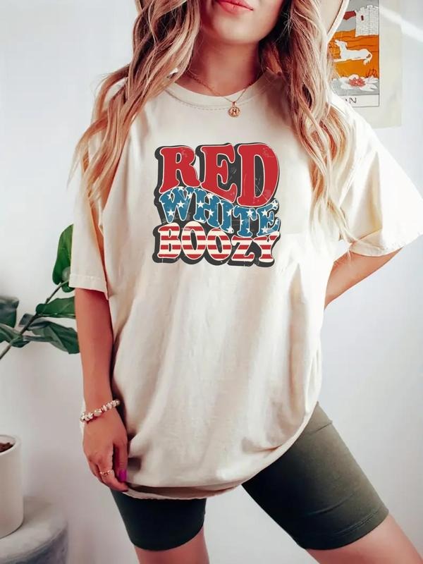 Women's Letter & Flag Print Round Neck Tee, Casual Short Sleeve Crew Neck T-shirt for Daily Wear, Ladies Clothes for All...