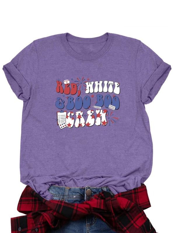 Women's Letter & Flag Print Round Neck Tee, Casual Short Sleeve Crew Neck T-shirt for Daily Wear, Ladies Clothes for All...