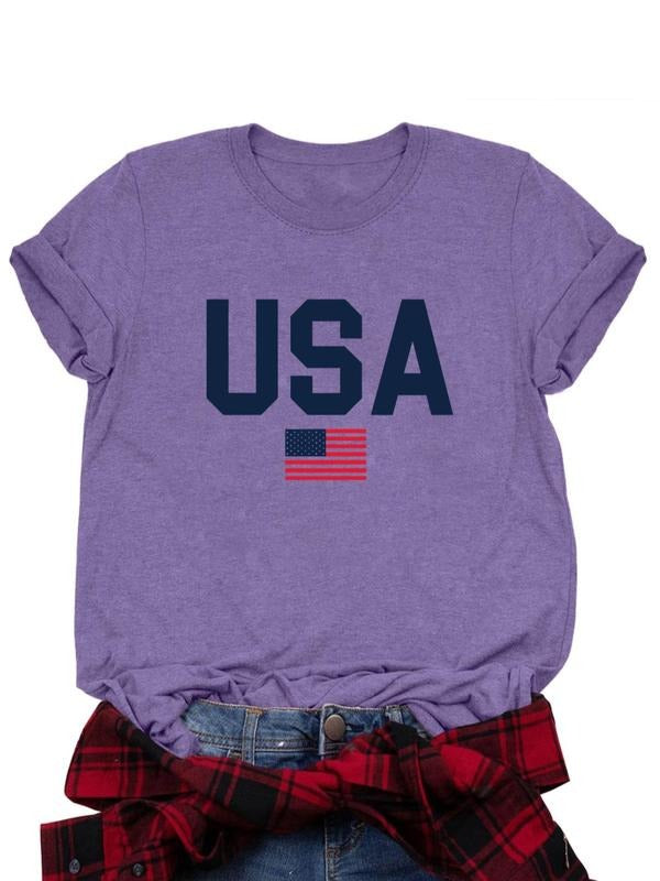 Women's Letter & Flag Print Round Neck Tee, Casual Short Sleeve Crew Neck T-shirt for Daily Wear, Ladies Clothes for All...
