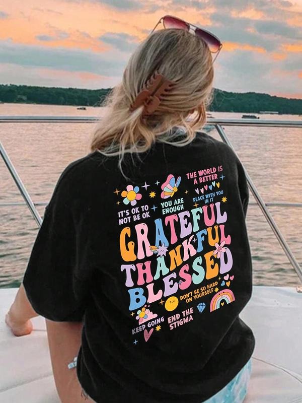 Women's Letter & Floral Print Drop Shoulder Tee, Fashion Casual Crew Neck Half Sleeve T-shirt for Daily Holiday Vacation...