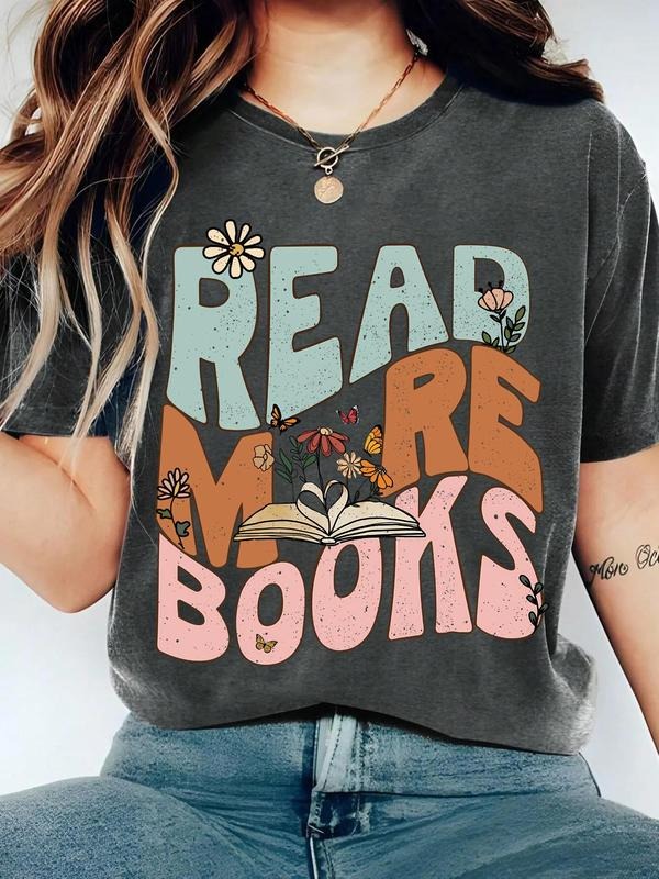 Women's Letter & Flower Print Round Neck Tee, Vintage Trendy Casual Graphic Short Sleeve T-shirt for Daily Wear, Ladies...