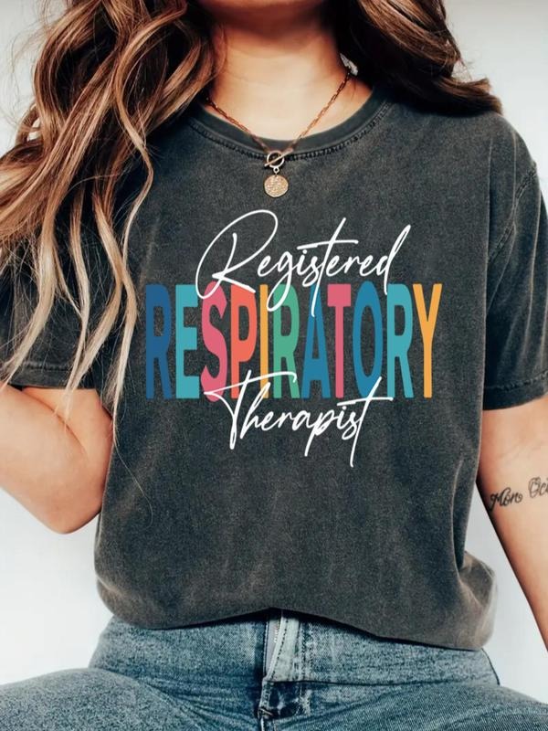 Women's Letter & Geometric Print Round Neck Tee, Casual Short Sleeve Crew Neck T-shirt for Summer, Fashion Women's Top...
