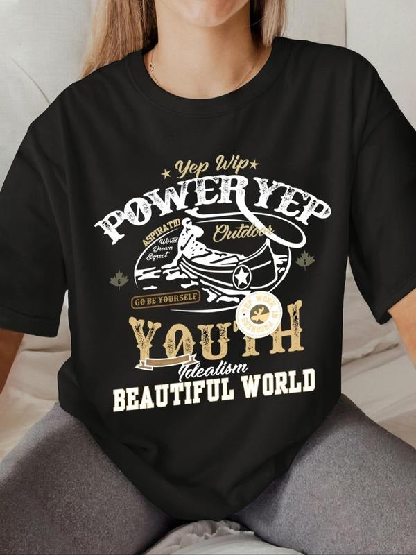 Letter & Print Round Neck Vintage Casual Short Sleeve Daily All Seasons T-Shirts, Hoodie, Sweatshirt