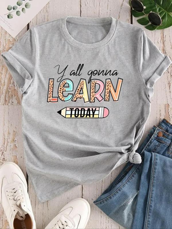 Women's Letter & Graphic Print Round Neck Tee, Fashion Casual Crew Neck T-Shirt for Daily Outdoor Wear, Ladies Clothes...