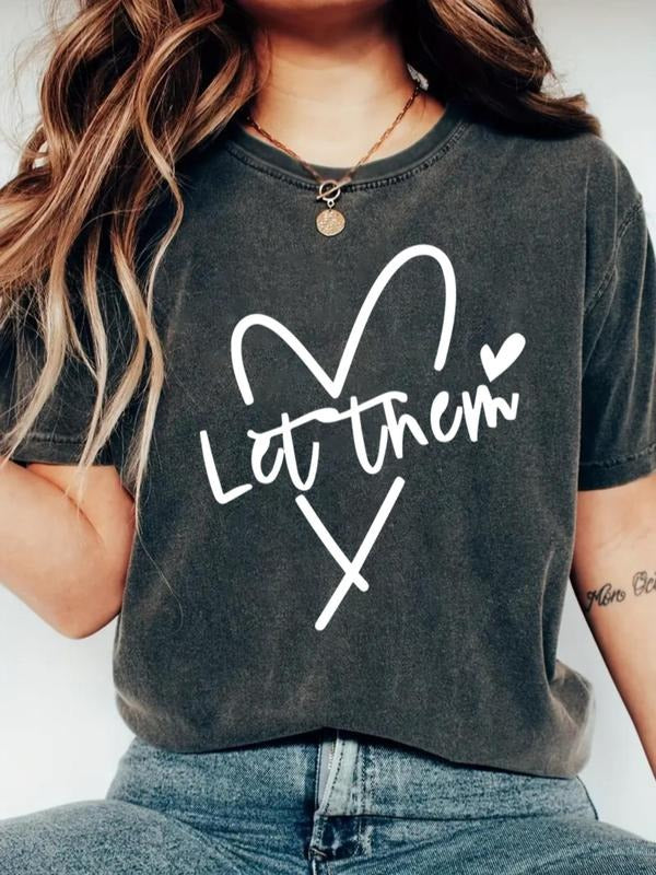 Women's Letter & Heart Print   Tee, Casual Short Sleeve Crew Neck T-shirt for Summer, Fashion Women's Top for Daily Wear...