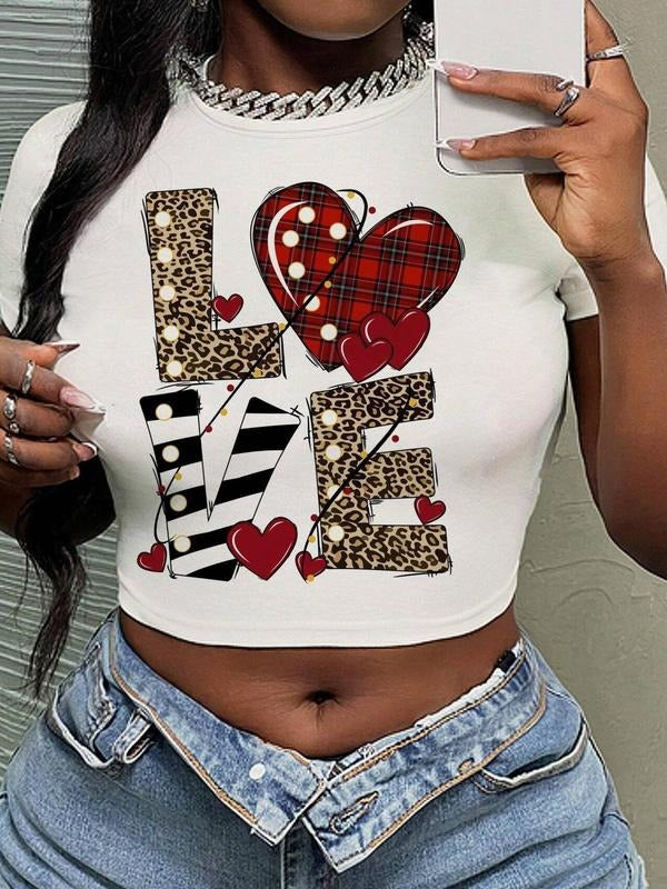 Women's Letter & Heart Print Round Neck Crop Tee, Casual Short Sleeve Crew Neck T-shirt for Daily Wear, Ladies Clothes...