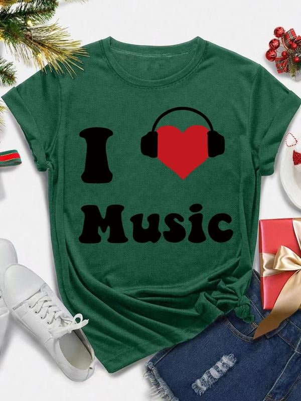 Women's Letter & Heart Print Round Neck Tee, Casual Short Sleeve Crew Neck T-shirt for Daily Wear, Ladies Clothes for All...