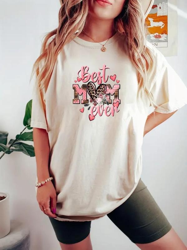 Women's Letter & Heart Print Round Neck Tee, Casual Short Sleeve Crew Neck T-shirt for Daily Wear, Ladies Clothes for All...